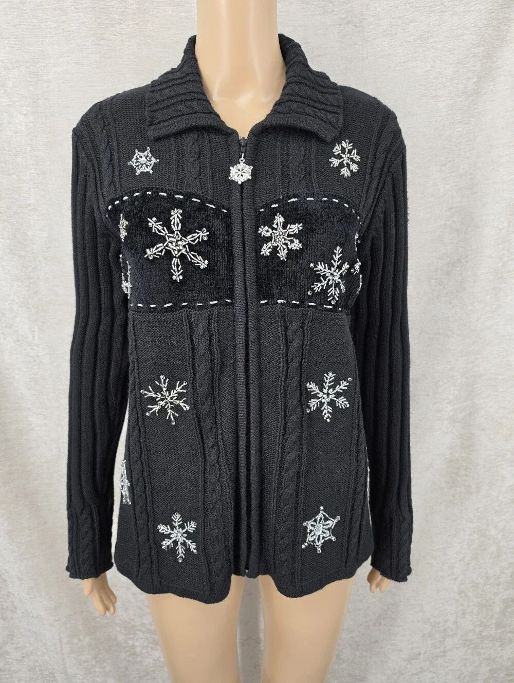 Storybook Knits Let It Snow Black Zip-Up Sweater Cardigan Snowflake Beading
